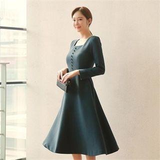 Square-neck Button-front A-line Dress With Belt