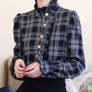Long-sleeve Plaid Ruffled Mock-neck Blouse