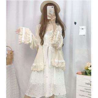 Spaghetti Strap Patterned A-line Midi Dress / Frill Trim Light Jacket