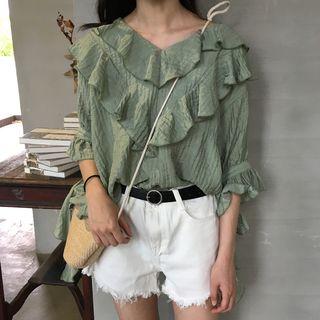 Elbow-sleeve V-neck Ruffle Blouse