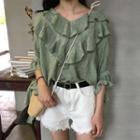 Elbow-sleeve V-neck Ruffle Blouse
