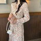 Long-sleeve Floral-print Midi A-line Dress / Double-breasted Coat