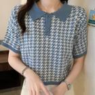 Short-sleeve Houndstooth Knit Cropped Polo Shirt