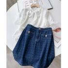 Short-sleeve Bow Blouse / Denim A-line Skirt