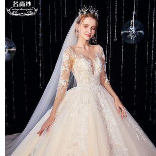 3/4-sleeve Floral Embroidered Open Back A-line Wedding Gown