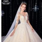 3/4-sleeve Floral Embroidered Open Back A-line Wedding Gown