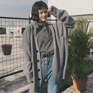Contrast Stitching Long Cardigan Gray - One Size