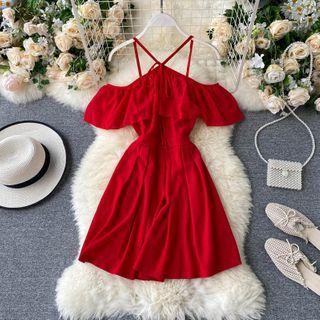 Halter Suspender Off-shoulder Ruffle Dress