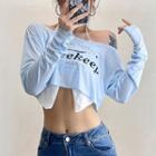 Set: Long-sleeve Off-shoulder Lettering Cropped T-shirt + Halter Camisole Top