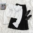 Long-sleeve Ruffled Blouse / Pleated Midi A-line Skirt