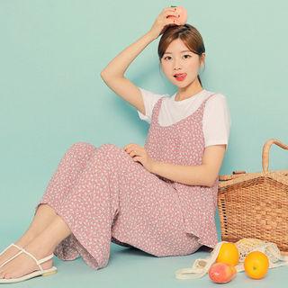 Set: Spaghetti-strap Floral Print Top + Band-waist Pants