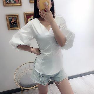 Puff-sleeve V-neck Plain Blouse