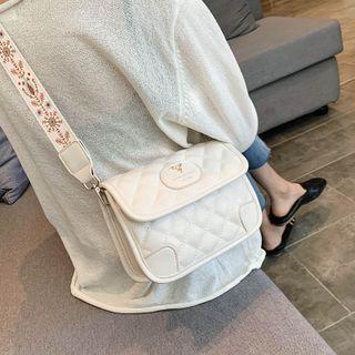 Quilted Embroidered Strap Flap Crossbody Bag