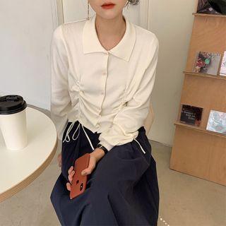 Long-sleeve Drawstring Knit Top Off-white - One Size