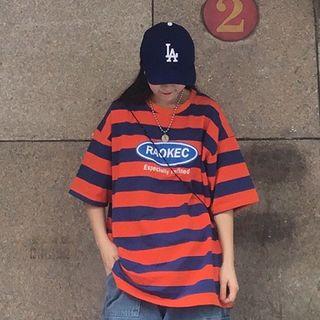 Lettering Striped Elbow-sleeve T-shirt As Shown In Figure - One Size