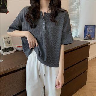 Elbow-sleeve Ribbed Henley Top