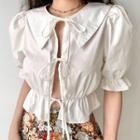 Puff-sleeve Collared Lace-up Plain Shirt