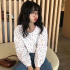 Long-sleeve Heart Pattern Blouse White - One Size