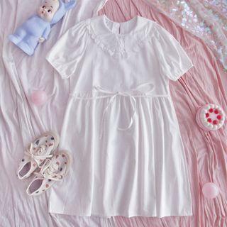 Short-sleeve Ruffle Midi A-line Dress White - One Size