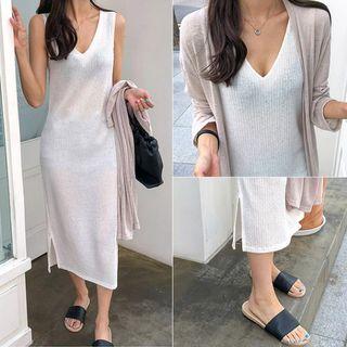 Plunge-neck Sleeveless Long Rib-knit Dress