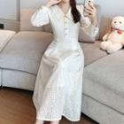 Puff-sleeve Collared Midi A-line Lace Dress