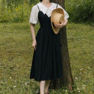 Set: Puff-sleeve Collared Blouse + Spaghetti Strap Midi A-line Dress