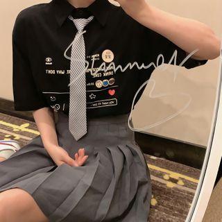 Set: Elbow-sleeve Letter Print Polo Shirt + Striped Tie