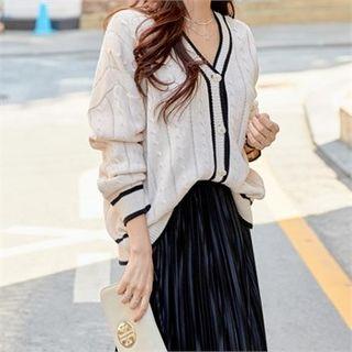 Contrast-trim Cable Knit Cardigan
