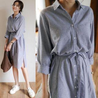 Pinstripe Gather-waist Slit-side Shirtdress