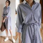 Pinstripe Gather-waist Slit-side Shirtdress