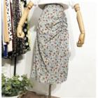 Ruched Floral Print Midi A-line Skirt