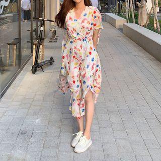 Short-sleeve Patterned A-line Midi Dress As Shown In Figure - One Size