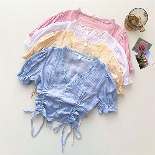 Short-sleeve V-neck Lace-trim Blouse