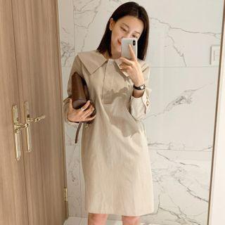 Collared Long-sleeve Shift Dress Almond - One Size