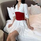 Set: Elbow-sleeve Asymmetric A-line Mini Dress + Wide Belt