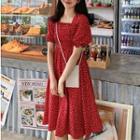 Heart Print Short-sleeve A-line Dress Red - One Size