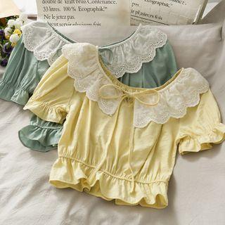 Colorblock Tie-neckline Ruffled Crop Blouse