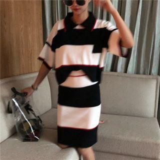 Set: Striped Short-sleeve Polo Shirt + Pencil Skirt