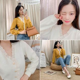 V-neck Lace-trim Knit Cardigan