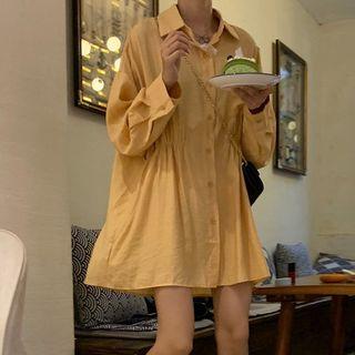 Long-sleeve A-line Shirt Dress Yellow - One Size