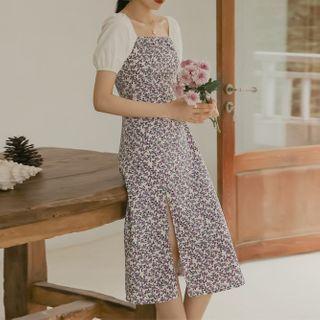 Puff-sleeve Panel Floral Midi A-line Dress