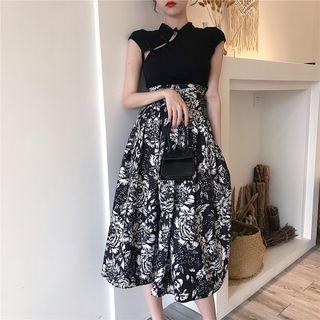 Traditional Chinese Cap-sleeve Top / Floral A-line Midi Skirt