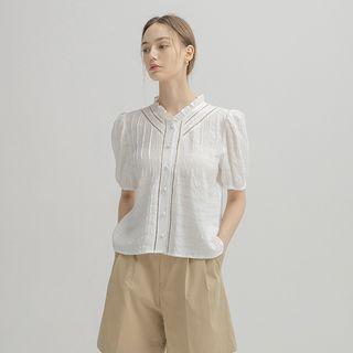 Frill-neck Lace-trim Pintuck Blouse White - One Size