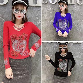 Heart Rhinestone Long-sleeve T-shirt