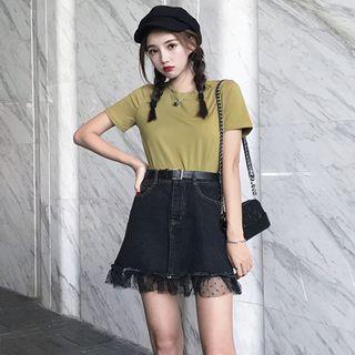 Set: Short-sleeve T-shirt + Mesh Paneled A-line Mini Denim Skirt