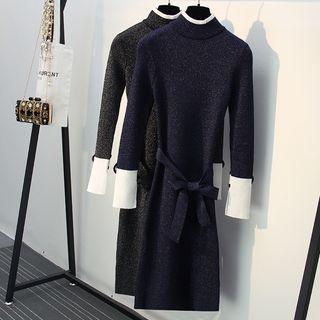 Long-sleeve Mock Neck Glitter Midi Knit Dress