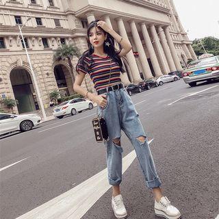 Set: Short-sleeve Striped Knit Top + Straight-fit Jeans