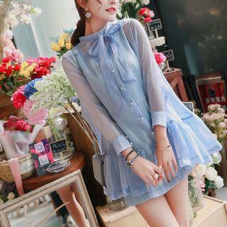 Set: Long-sleeve Tie-neck Dress + Slipdress