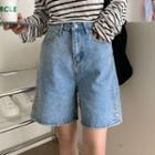 High-waist Button-side Denim Straight Leg Shorts