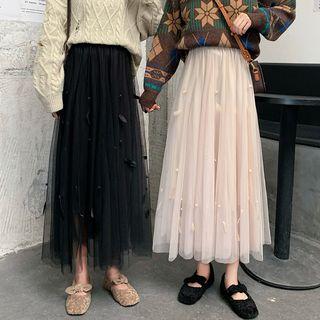 Faux Pearl Mesh A-line Skirt